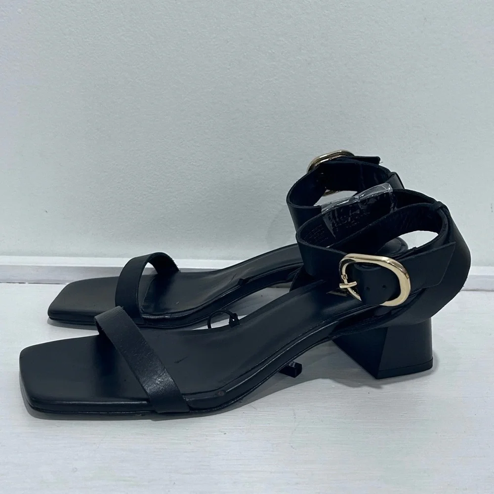 Zara Womens Black Gold Upper Leather Square Toe Ankle Strap Heel Sandals Size 36 - Picture 3 of 12